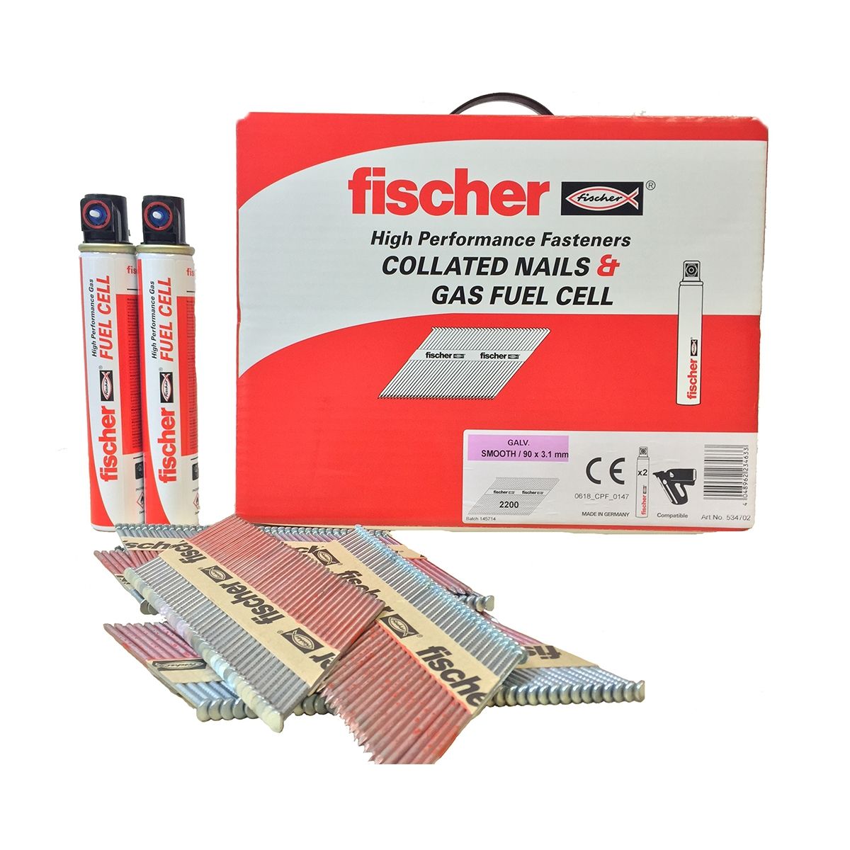Fischer Collated Gun Nails inc Fuel Cells - 90x3.1mm - Electro Galvanised - Box 2200