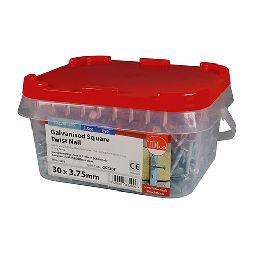 Galvanised Square Twist Nails - 30x3.75mm - 2.5kg Tub